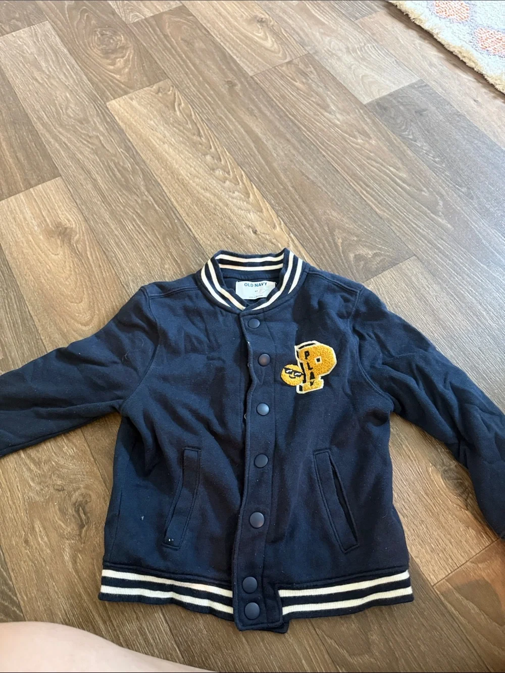 Old Navy Navy and White Kids' Letterman Jacket with Yellow Patch